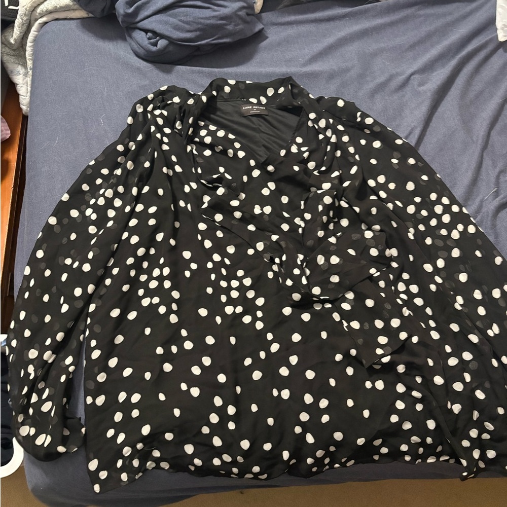 Lane Bryant Black Blouse with White Dots Nwot tie neck